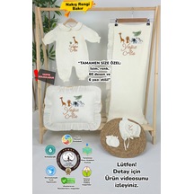 Gros Shop Müslin Yeni Doğan 4katlı Organik %100pamuk Kişiye Özgü Nakışlı Hastane Çıkış Seti Safari Model-3 Ekru-1