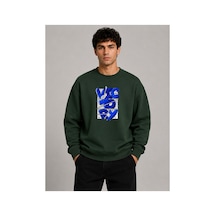 Herkesemoda Victory Baskı Detaylı Bisiklet Yaka Şardonlu 2 İplik Sweatshirt Yeşil