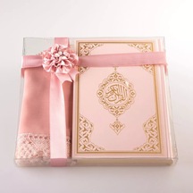 Şal + Tesbih + Kuran Hediye Seti Orta Boy, Standart Cilt, Pembe