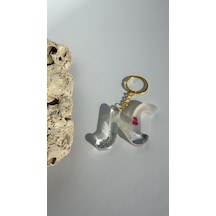 Şeffaf Beyaz Renkli Gümüş Sim Ve Gerçek Kurutulmuş Pembe Çiçek Süslemeli N Harf Şekilli Gold Aksesuarlı Anahtarlık Epoksi El Yapımı Hediyelik