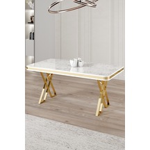 Canisa Rigel Serisi 80x130 Lak Panel Sabit Masa Beyaz Mermer Desen Gold Ayaklı Masa Beyaz Mermer Desen Ayaklar Gold