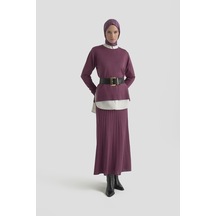 Armine Trend Eteği Çizgi Detaylı Triko İkili Takım Mürdüm 25ktd601