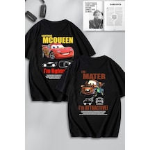 Unisex Cars Şimşek Mcqueen Ve Mater Sırt Baskılı Arkadaş Çift Kombini Tasarım Oversize T-shirt 2li Siyah Mck0528 Siyah