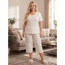 Büyük Beden Kısa Kol Pamuklu Ultrasoft Likralı Kapri Pijama Takımı 8652 Nar Çiçeği