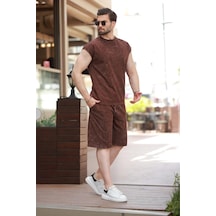 Madmext Acı Kahve Basic Erkek Yırtık Detaylı Şort T-shirt Takım E7319 Acı Kahverengi