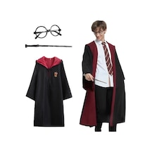 Harry Potter Gryffindor Kapişonlu Çocuk Kostüm + Asa + Gözlük Seti 9-10 Yaş Çok Renkli