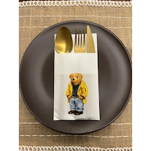 Sarı Ceketli Sevimli Ayı Baskılı Yılbaşı Kanguru Cepli Peçete Beyaz12 Adet