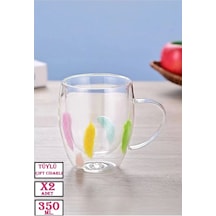 2'li Çift Cidarlı Tüylü Cup 350ml Çiçekli Bardak Kahve Çay Bardağı El Yapımı Kulplu Cam Bardak