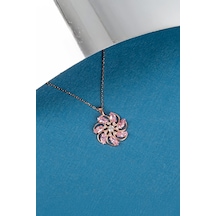Pembe Zirkon Taşlı Rose Renk 925 Ayar Gümüş Rüzgar Gülü Bayan Kolye - 50 CM