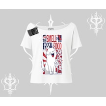 Tarzsokak Smell Of Fresh Food Kedi Baskılı Kayık Yaka Tshirt Beyaz