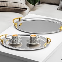 Elit Premium 2'li Paslanmaz Çelik Kahve Tepsisi Gümüş Tepsi Gold Detaylı Dekoratif Servis Sunum Tepsisi Çok Renkli