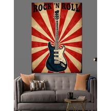 Ahşap Tablo Kırmızı Beyaz Retro Fonlu Roc'n Roll Gitarı