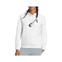 Gitar Baskılı Beyaz Kadın Kapşonlu Sweatshirt
