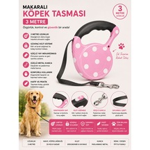 Makaralı Köpek Gezdirme Tasması 3 Metre Otomatik Kilitli Döner Kancalı - Pembe Puantiyeli Çok Renkli