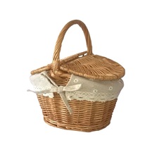 Rattan Ve Hasır Kapaklı Piknik Sepeti, Saklama Sepeti, Meyve Sepeti, Pastoral Tarz El Yapımı