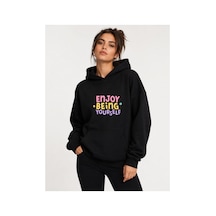 Herkesemoda Enjoy Being Baskılı Kapüşonlu 2 İplik Şardonlu Sweatshirt Siyah