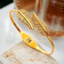 Zarif Yaprak Figürlü Gold Çelik Kelepçe Bileklik - Antialerjik Ve Kararmaz Altın