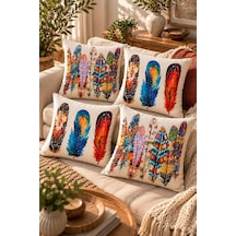 4'lü Set Bohem Etnik Tüy Motifli Dekoratif Kırlent Kılıfı 43x43 Cm - Renkli Dijital Baskılı Salon Yastık Kılı Diğer