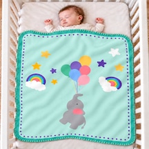 Uçan Fil ve Gökkuşağı Serisi Çoban Dikişli %100 Polar Bebek Battaniyesi 80x100 CM Oeko-tex Mint Yeşili