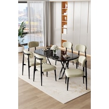 Canisa Jolin Serisi Mdf 90x168 Siyah Mermer Desen Masa Takımı 6 Krem Metal Sandalye Masa Siyah Mermer Desen Sandalye Krem