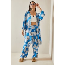 Mavi Çiçek Desenli Kimono Takım 5yxk8-48600-12