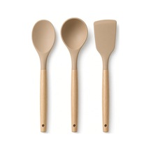 3'lü Silikon Mutfak Gereçleri Seti, Ahşap Saplı Silikon Kaşık Kepçe Spatula Seti, Yemek Pişirme Ve Servis Seti, Diğer