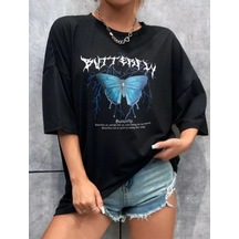 Kadın Kelebek Baskılı Oversize Kısa Kol T-shirt - Siyah Siyah