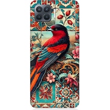 Oppo Reno 4 Lite Uyumlu Çini Desenli Kuş Kompozisyonu Desenli Silikon Kılıf Çok Renkli