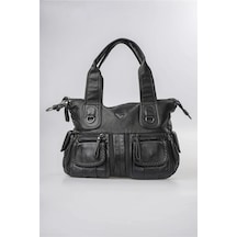 Ççs Kadın Yıkama Deri Omuz Çantası Büyük Boy Çok Gözlü Fermuarlı El Ve Kol Çantası Siyah 18126