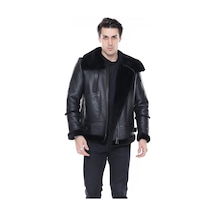 M M Marki Marki Erkek Hakiki Deri Mont, Balıkçı Yaka, Siyah Kürklü, Fermuar Kapamalı, Oversize Model - 500422