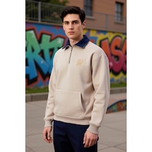 Benerly Erkek Fermuarlı Dik Yaka Düşük Kol Nakışlı Sweatshirt Fonksiyonel Gri