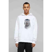Kutup Ayısı Boz Bear Baskılı Beyaz Erkek Örme Kapşonlu Sweatshirt