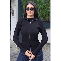 Kechi Woman Fitilli Triko Dik Yaka Fermuarlı Hırka Siyah