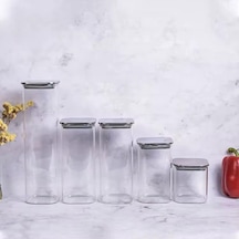 2'li Vakum Kapaklı Borosilikat Cam Saklama Kabı Seti Mini Boy, Hava Geçirmez, Gıda Saklama İçin İdeal-baharat,kahve,şeker-mini Baharatlık Metal Kare, 360 Ml 1