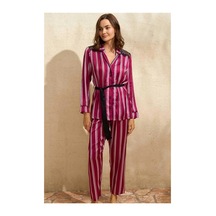 Kapsulavm Saten Çizgili Düğmeli Uzun Kol Dantelli Gömlek Ve Pantolon Pijama Takım 9765 Bordo