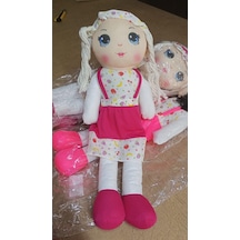 Sevimli Peluş Bez Bebek 50 Cm - Örgü Saçlı Meyve Desenli Elbiseli Bez Bebek
