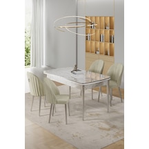 Canisa Rada Serisi 80x132 Açılabilir Lak Panel Beyaz Mermer Desen Masa 4 Krem Sandalye Krom Detay Beyaz Mermer Desen Masa Krem Sandalye