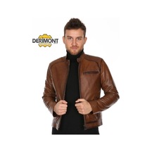 Hakiki Kuzu Derisi Kısa Fermuarlı Erkek Deri Ceket Kahverengi Karışık / Çok Renkli