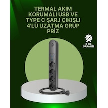 4 Priz 2 Usb 1 Type-c Akım Korumalı Çoklu Priz Led Anahtarlı
