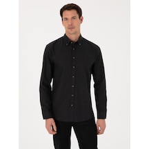Cacharel Siyah Slim Fit %100 Pamuk Yakası Düğmeli Flanel Gömlek