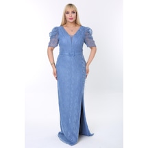Ladies First Büyük Beden 3442 İndigo Uzun Abiye Elbise 001