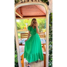 DefyModa Kadın Kısa Kollu Kruvaze Yakalı Beli Lastikli Müslim Elbise Yeşil