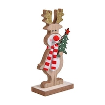 Yılbaşı Süsü Dekoratif Simli Boynuzları, Elinde Çam Ağacı İle Ahşap Atkılı Geyik Biblo Figür - 15 Cm 45