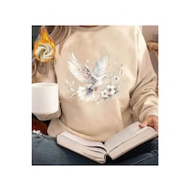 Herkesemoda Güvercin Baskı Detaylı Bisiklet Yaka Sweatshirt Bej