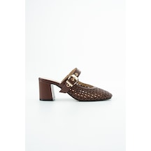 Dericia Shoes Aveline Hakiki Deri Kadın Örgülü Kalın Topuklu Terlik Kahverengi