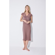 Monamise Kadın Yakası Kolu Ve Omzu Brode Dantelli Önü Düğmeli Gecelik 18511-kahve Kahverengi