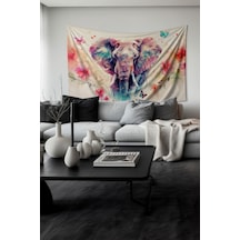 Renkli Fil Ve Çiçekler Desenli Duvar Halısı Duvar Örtüsü Tapestry Süet Dokulu Kumaş