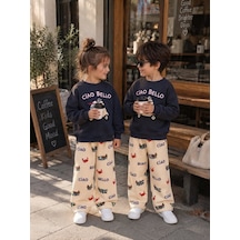 Ciao Bello Baskılı Lacivert Sweatshirt Ve Desenli Eşofman Altı Unisex 3ip Alt Üst Takım