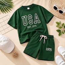 Erkek Çocuk Slogan Yazı Nakışlı T-shirt - Şort Alt Üst Takım Yeşil