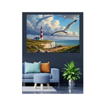 Deniz Feneri Ve Martılar Manzarası Yağlı Boya Dokulu Kanvas Tablo Canvas Tablosu